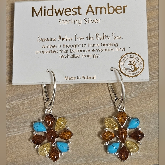 MIDWEST AMBER STERLING SILVER GENUINE AMBER BALTIC SEA TURQUOISE FLOWER EARRINGS - Picture 6 of 6